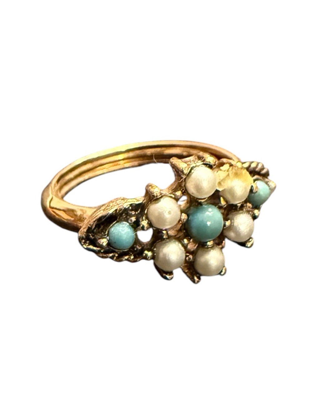 Vintage AVON Turquoise Bead and Seed Pearl Ring Silver Teal Blue Costume Jewelry